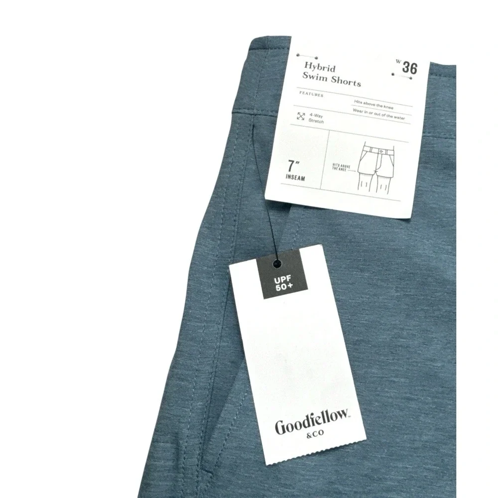 Goodfellow & Co Mens W36 Blue Hybrid Swim Shorts Trunks NWT 7 In Inseam UPF 50+